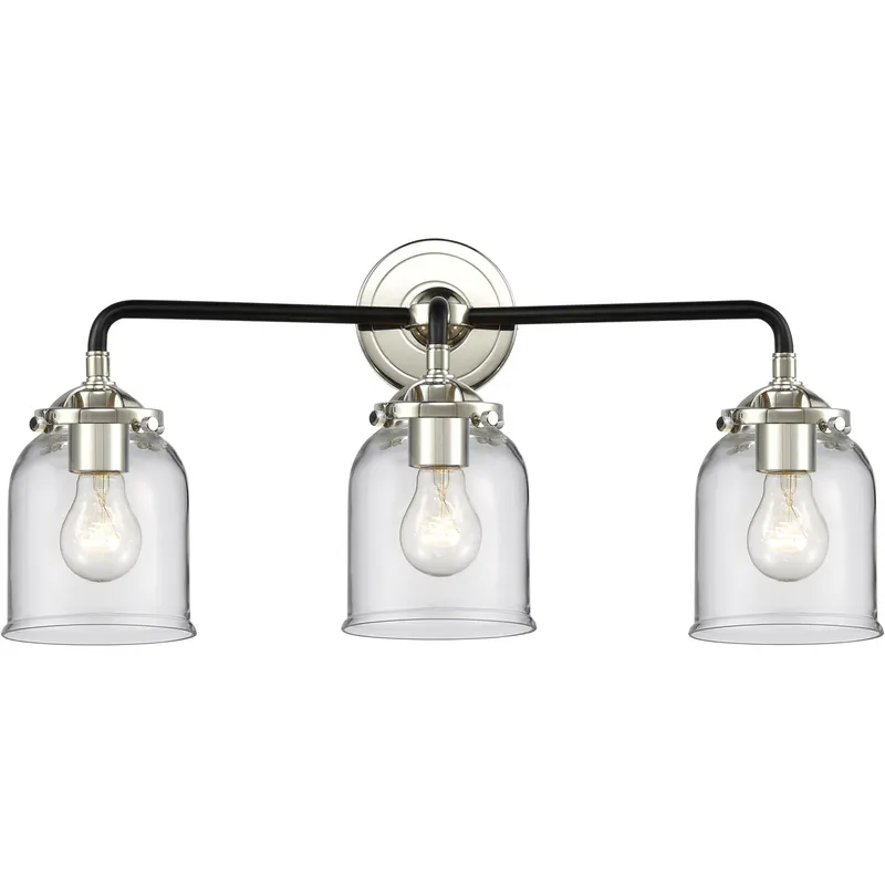 Nouveau Small Bell 3 Light 23 inch Black Polished Nickel Bath Vanity Light Wall Light in Clear Glass, Nouveau