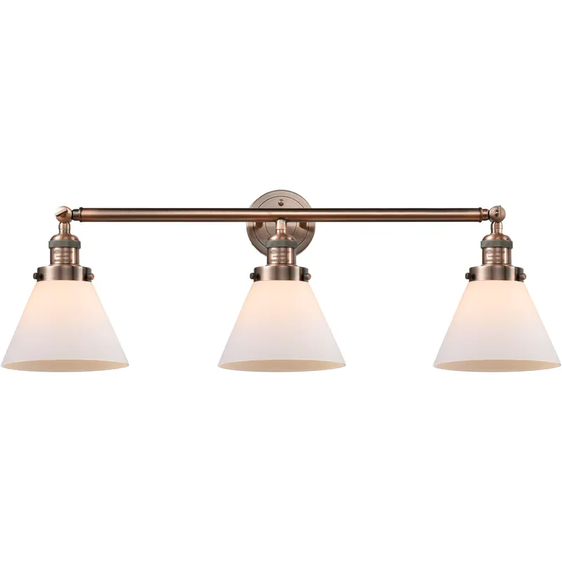 Franklin Restoration Large Cone 3 Light 32 inch Antique Copper Bath Vanity Light Wall Light in Matte White Glass, Franklin Restoration