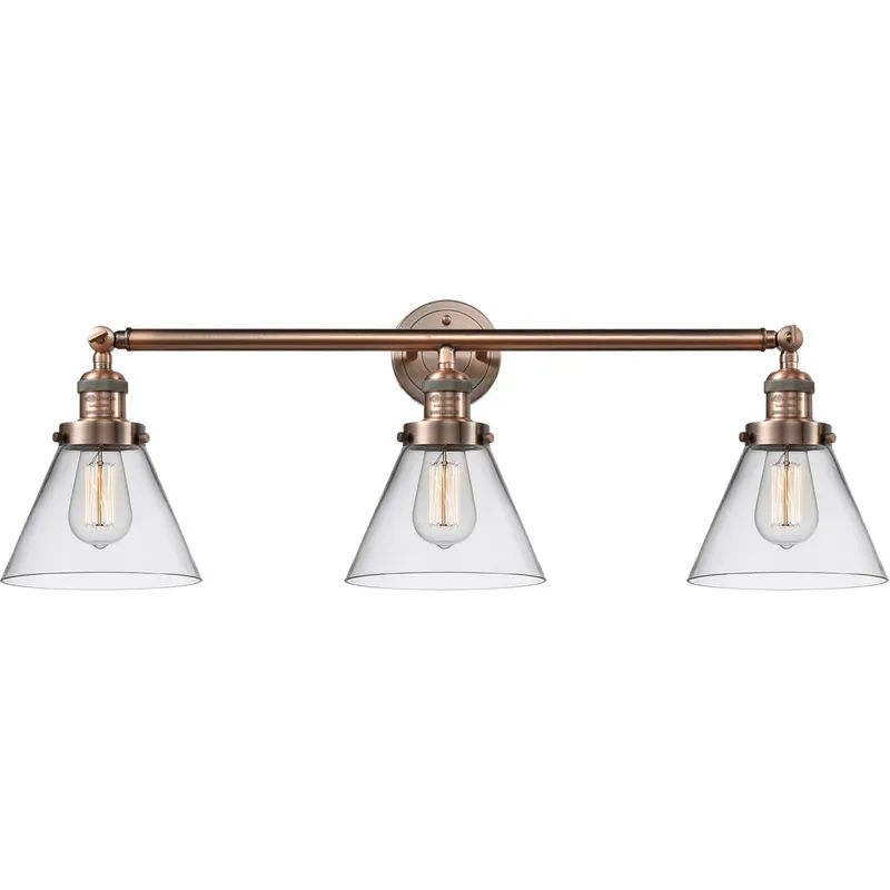 Franklin Restoration Large Cone 3 Light 32 inch Antique Copper Bath Vanity Light Wall Light in Clear Glass, Franklin Restoration