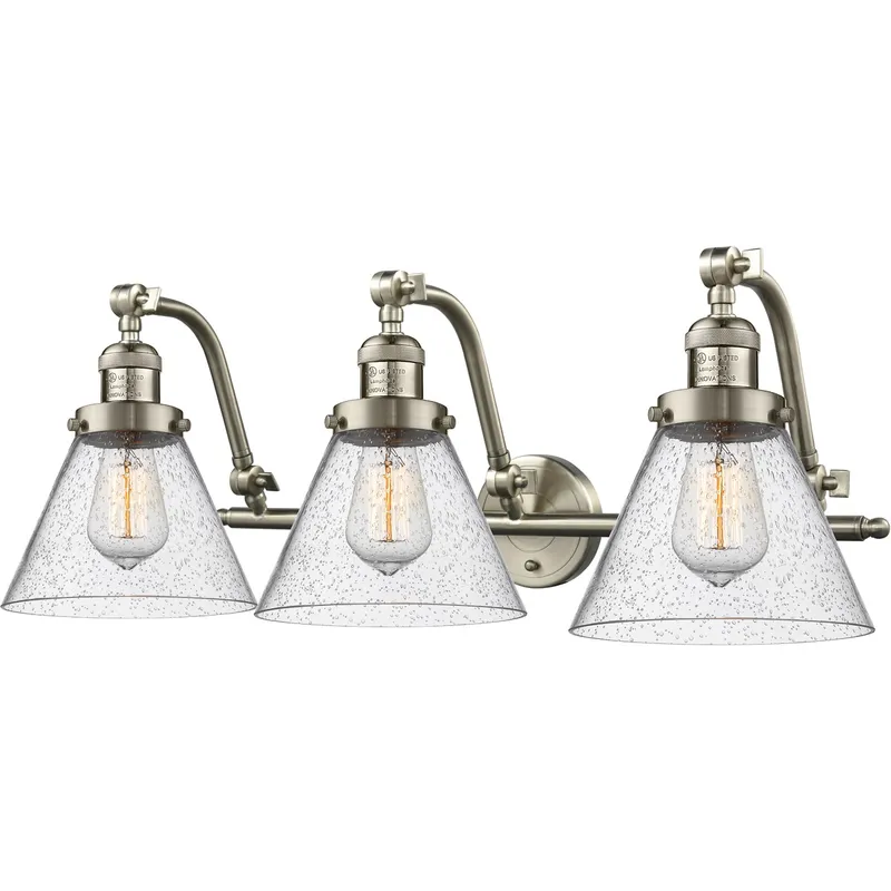 Franklin Restoration Large Cone LED 28 inch Brushed Satin Nickel Bath Vanity Light Wall Light in Seedy Glass, Franklin Restoration