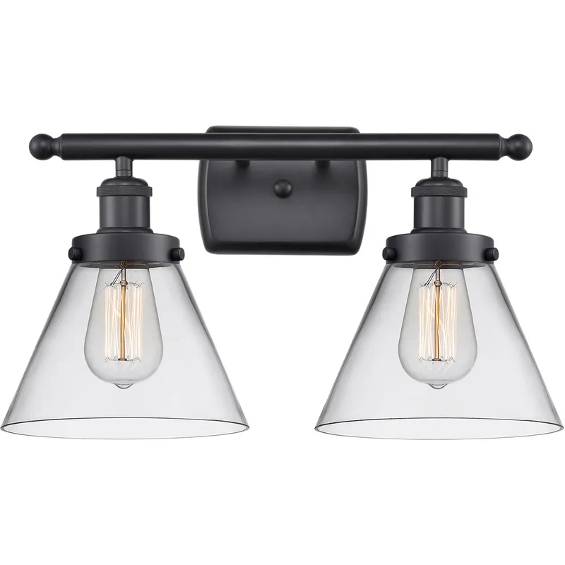 Ballston Large Cone 2 Light 16 inch Matte Black Bath Vanity Light Wall Light in Clear Glass, Ballston
