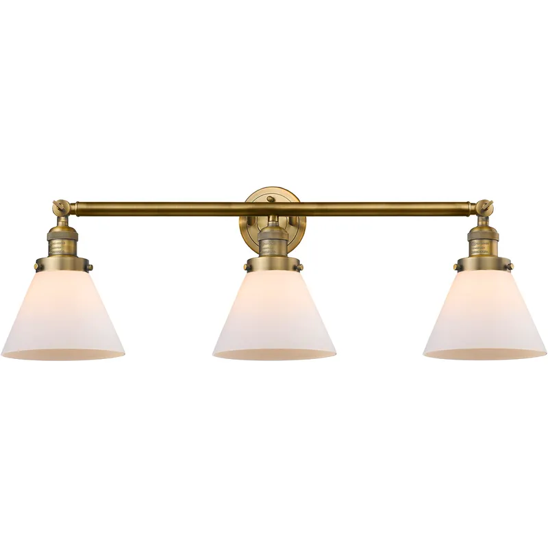 Franklin Restoration Large Cone 3 Light 32 inch Brushed Brass Bath Vanity Light Wall Light in Matte White Glass, Franklin Restoration