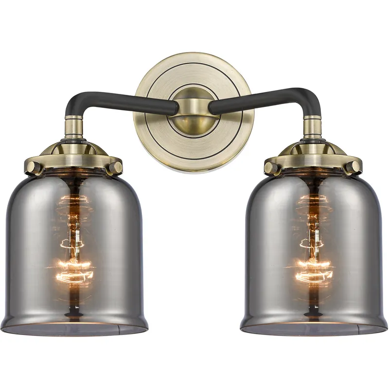 Nouveau Small Bell 2 Light 13 inch Black Antique Brass Bath Vanity Light Wall Light in Light Smoke Glass, Nouveau