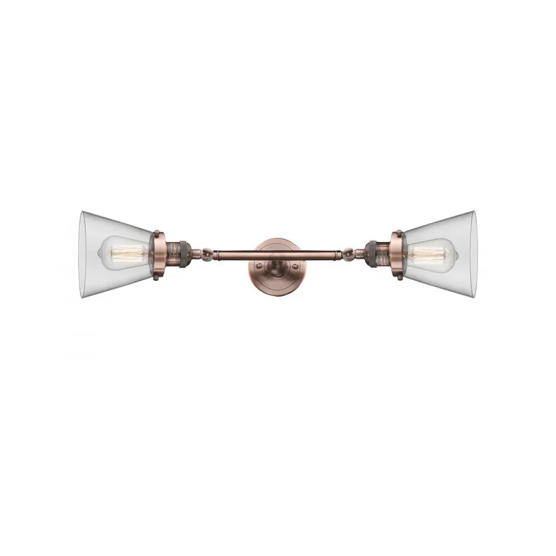 Franklin Restoration Small Cone 2 Light 6 inch Antique Copper Bath Vanity Light Wall Light in Clear Glass, Franklin Restoration