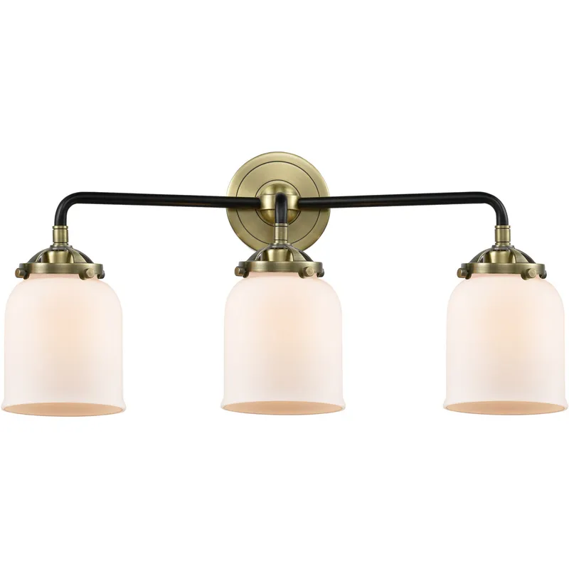 Nouveau Small Bell 3 Light 23 inch Black Antique Brass Bath Vanity Light Wall Light in Matte White Glass, Nouveau
