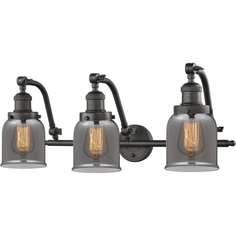 Franklin Restoration Small Bell 3 Light 28 inch Oil Rubbed Bronze Bath Vanity Light Wall Light in Light Smoke Glass, Franklin Restoration