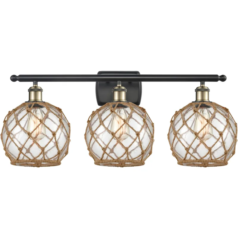 Ballston Farmhouse Rope 3 Light 28 inch Black Antique Brass Bath Vanity Light Wall Light in Bulb Not Included, Clear Glass with Brown Rope, Ballston