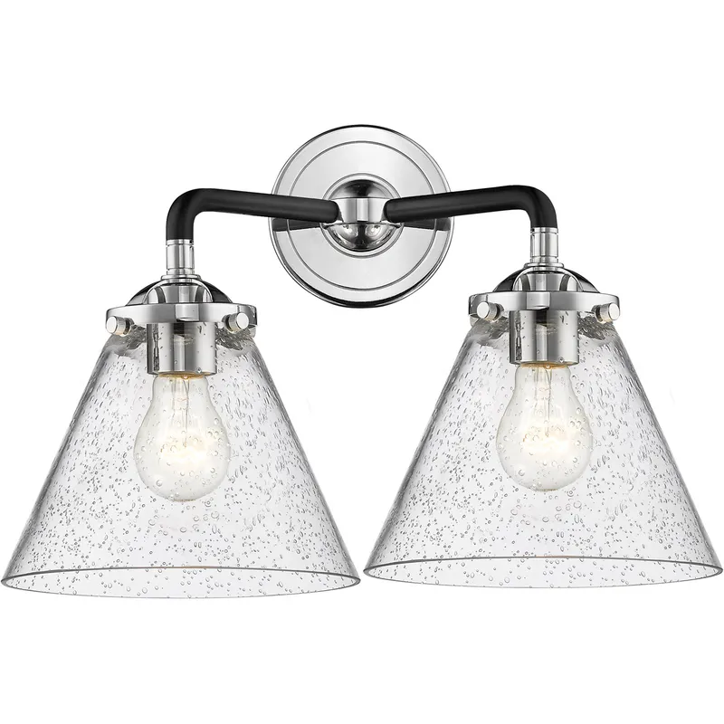 Nouveau Large Cone 2 Light 16 inch Black Polished Nickel Bath Vanity Light Wall Light in Seedy Glass, Nouveau