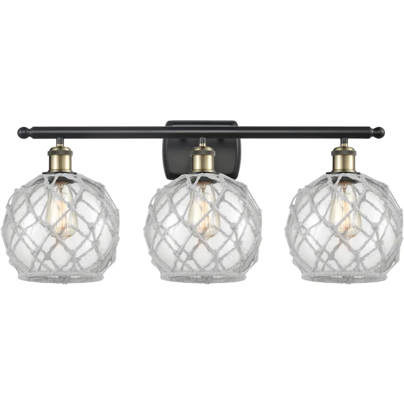Ballston Farmhouse Rope 3 Light 28 inch Black Antique Brass Bath Vanity Light Wall Light in Bulb Not Included, Clear Glass with White Rope, Ballston