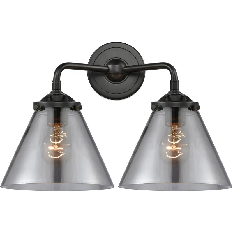 Nouveau Large Cone 2 Light 16 inch Oil Rubbed Bronze Bath Vanity Light Wall Light in Plated Smoke Glass, Nouveau