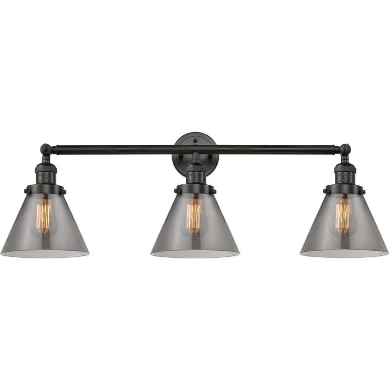 Franklin Restoration Large Cone 3 Light 32 inch Matte Black Bath Vanity Light Wall Light in Light Smoke Glass, Franklin Restoration