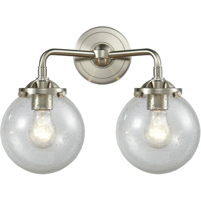 Nouveau Beacon 2 Light 14 inch Brushed Satin Nickel Bath Vanity Light Wall Light in Seedy Glass, Nouveau