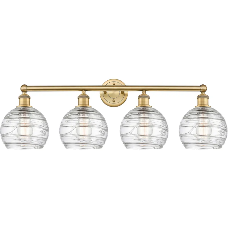 Athens Deco Swirl 4 Light 35 inch Brushed Brass Bath Vanity Light Wall Light in Clear Deco Swirl Glass