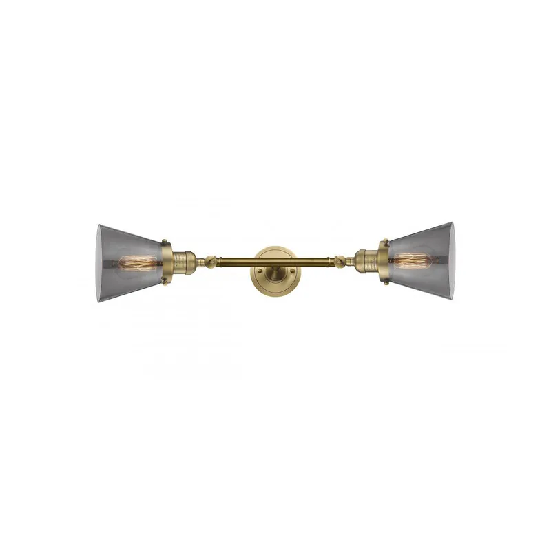 Franklin Restoration Small Cone 2 Light 6 inch Brushed Brass Bath Vanity Light Wall Light in Plated Smoke Glass, Franklin Restoration