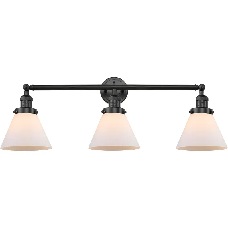 Franklin Restoration Large Cone 3 Light 32 inch Matte Black Bath Vanity Light Wall Light in Matte White Glass, Franklin Restoration
