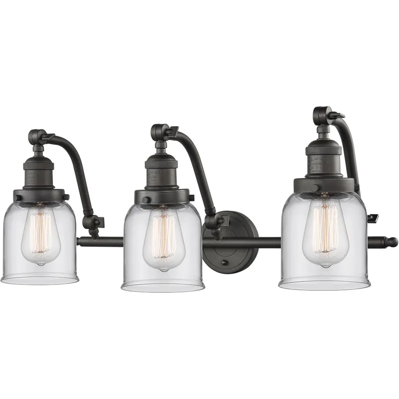 Franklin Restoration Small Bell 3 Light 28 inch Oil Rubbed Bronze Bath Vanity Light Wall Light in Clear Glass, Franklin Restoration