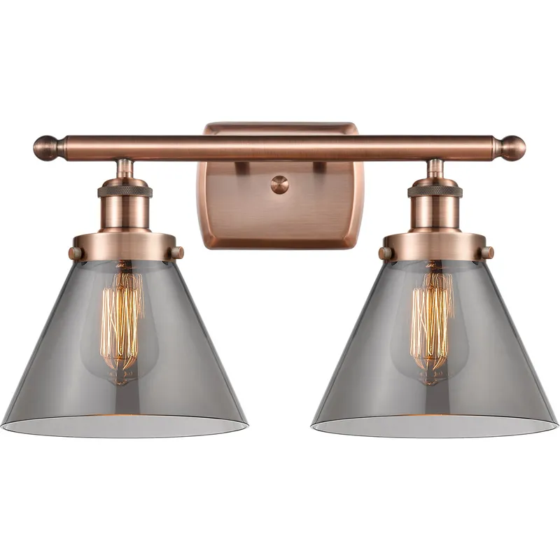 Ballston Large Cone 2 Light 16 inch Antique Copper Bath Vanity Light Wall Light in Light Smoke Glass