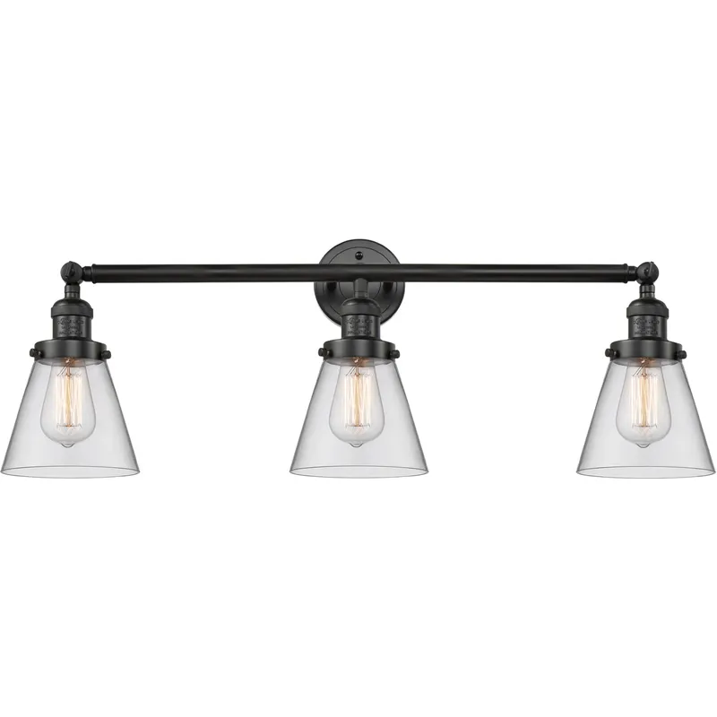 Franklin Restoration Small Cone LED 30 inch Matte Black Bath Vanity Light Wall Light in Clear Glass, Franklin Restoration