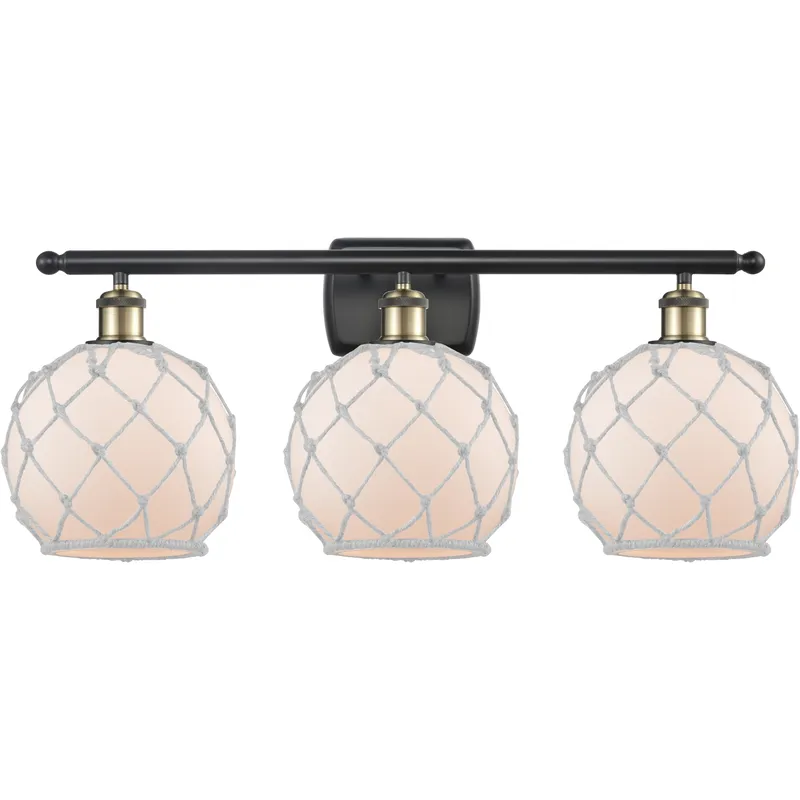 Ballston Farmhouse Rope 3 Light 28 inch Black Antique Brass Bath Vanity Light Wall Light in Bulb Not Included, White Glass with White Rope, Ballston