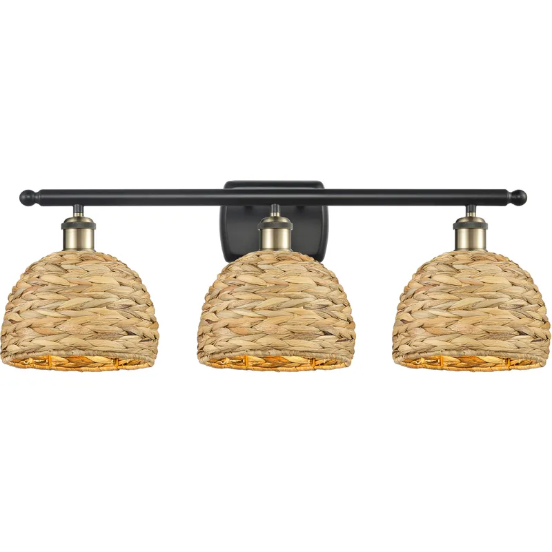 Woven Rattan 3 Light 28 inch Black Antique Brass Bath Vanity Light Wall Light