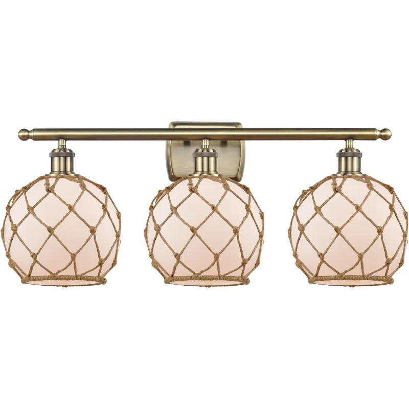 Ballston Farmhouse Rope 3 Light 28 inch Antique Brass Bath Vanity Light Wall Light in Bulb Not Included, White Glass with Brown Rope, Ballston