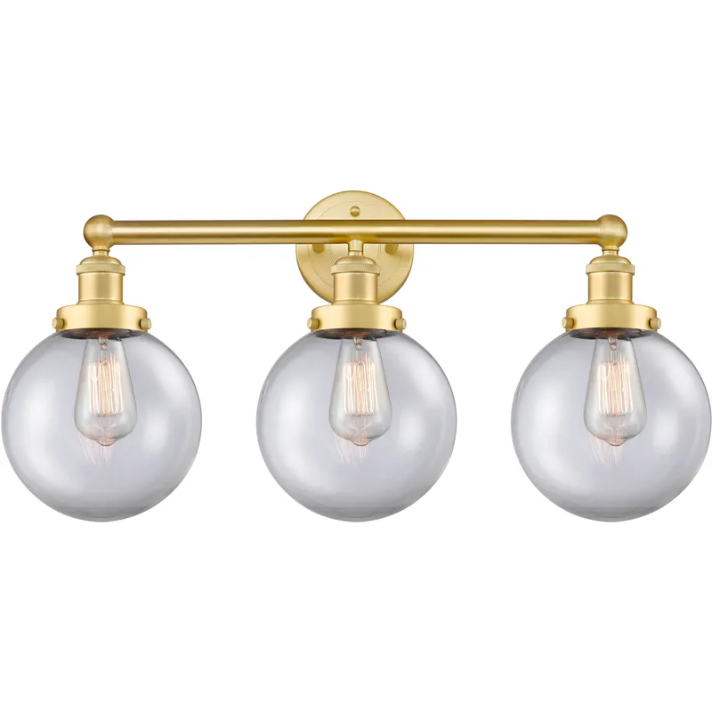 Beacon 3 Light 24.5 inch Satin Gold Bath Vanity Light Wall Light in Clear