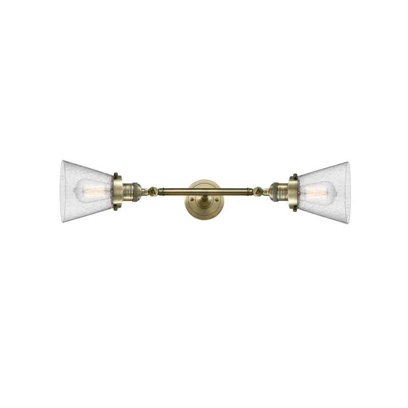 Franklin Restoration Small Cone 2 Light 6 inch Antique Brass Bath Vanity Light Wall Light in Incandescent, Seedy Glass, Franklin Restoration