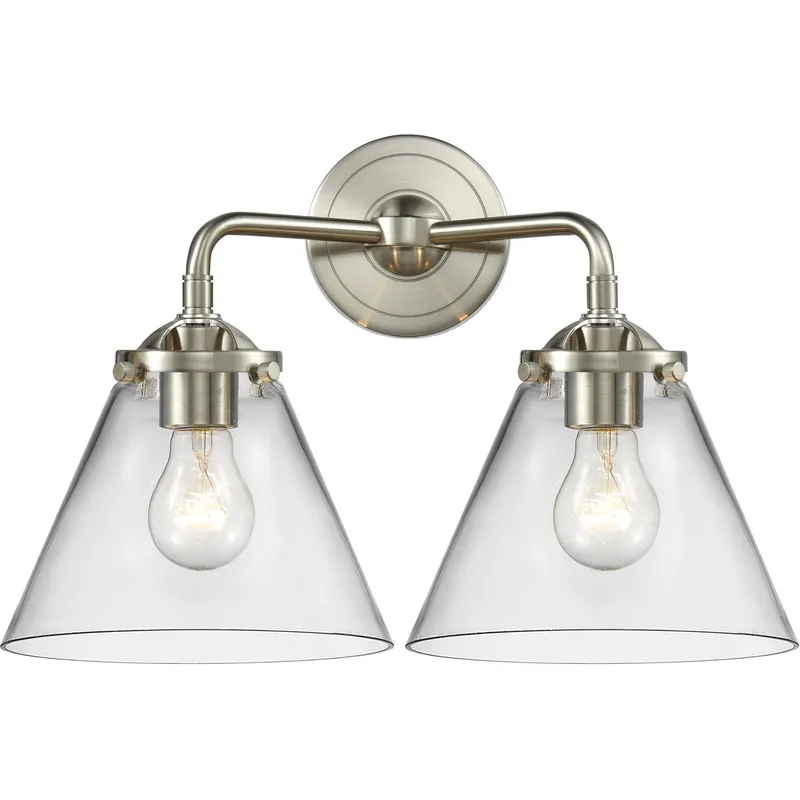 Nouveau Large Cone 2 Light 16 inch Brushed Satin Nickel Bath Vanity Light Wall Light in Clear Glass, Nouveau