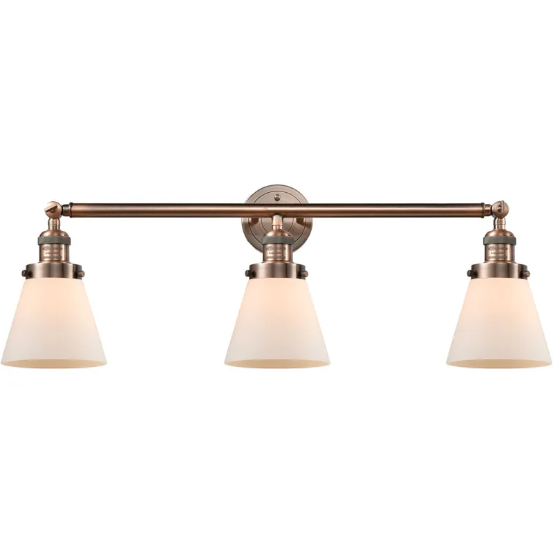 Franklin Restoration Small Cone LED 30 inch Antique Copper Bath Vanity Light Wall Light in Matte White Glass, Franklin Restoration