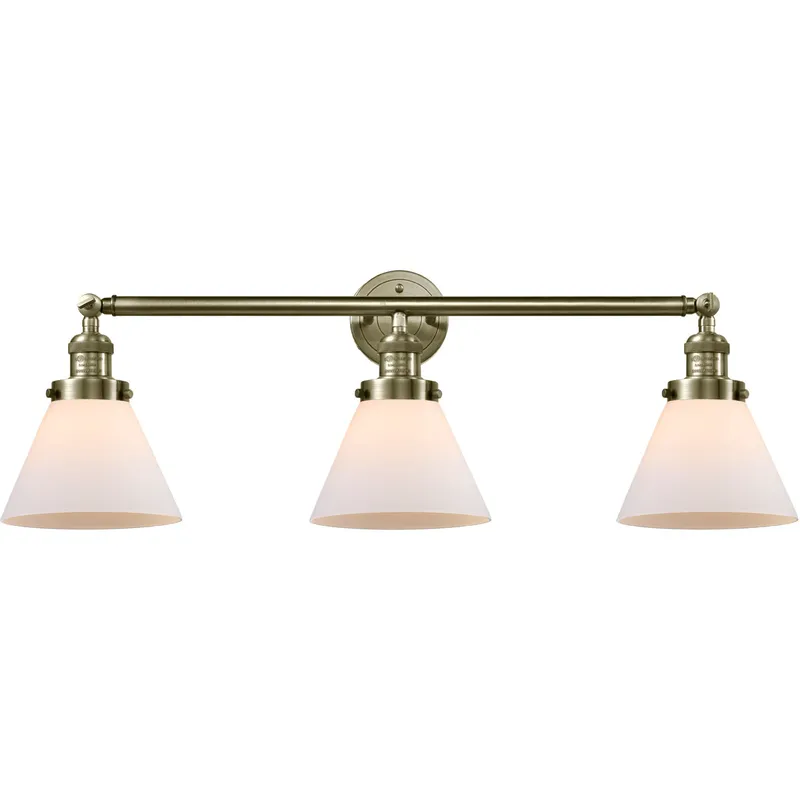 Franklin Restoration Large Cone 3 Light 32 inch Antique Brass Bath Vanity Light Wall Light in Incandescent, Matte White Glass, Franklin Restoration