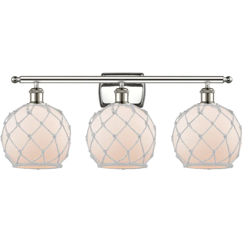 Ballston Farmhouse Rope 3 Light 28 inch Polished Nickel Bath Vanity Light Wall Light in Bulb Not Included, White Glass with White Rope, Ballston