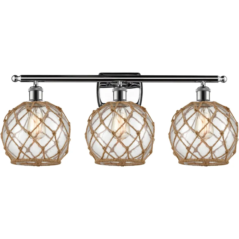 Ballston Farmhouse Rope 3 Light 28 inch Polished Chrome Bath Vanity Light Wall Light in Bulb Not Included, Clear Glass with Brown Rope, Ballston