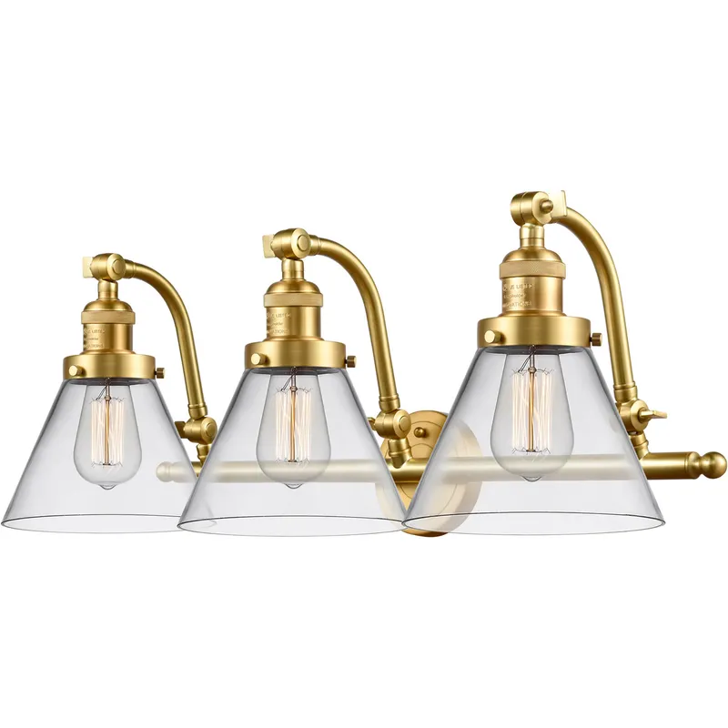 Franklin Restoration Large Cone LED 28 inch Satin Gold Bath Vanity Light Wall Light in Clear Glass, Franklin Restoration
