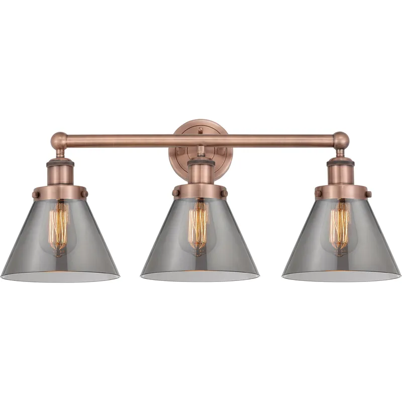 Cone 3 Light 24.5 inch Antique Copper Bath Vanity Light Wall Light in Light Smoke Glass