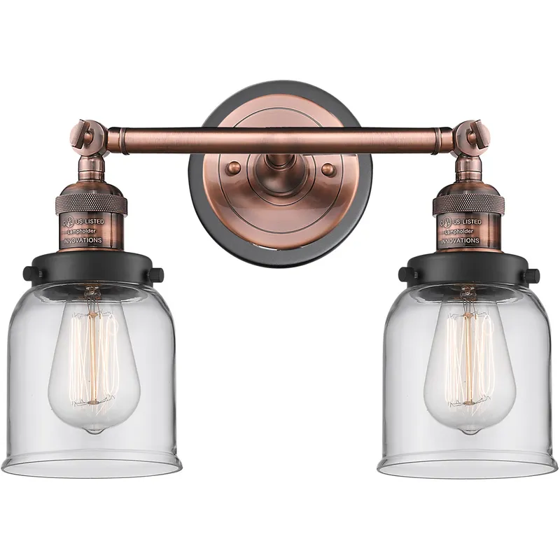 Franklin Restoration Small Bell 2 Light 16 inch Antique Copper Bath Vanity Light Wall Light in Clear Glass