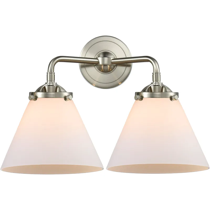 Nouveau Large Cone 2 Light 16 inch Brushed Satin Nickel Bath Vanity Light Wall Light in Matte White Glass, Nouveau