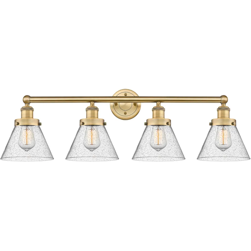 Cone 4 Light 34.75 inch Brushed Brass Bath Vanity Light Wall Light in Seedy Glass, Large