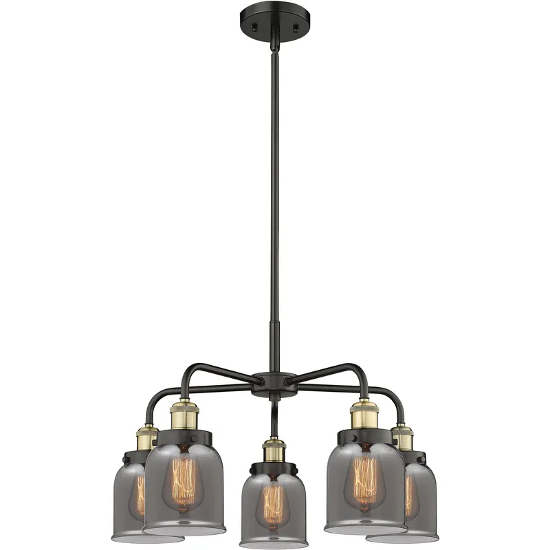 Bell 5 Light 23 inch Black Antique Brass Chandelier Ceiling Light in Light Smoke Glass