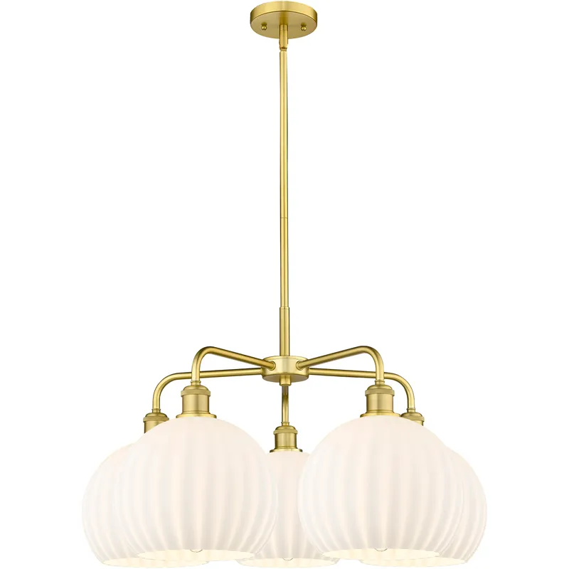 Ballston White Venetian 5 Light 28 inch Satin Gold Stem Hung Chandelier Ceiling Light