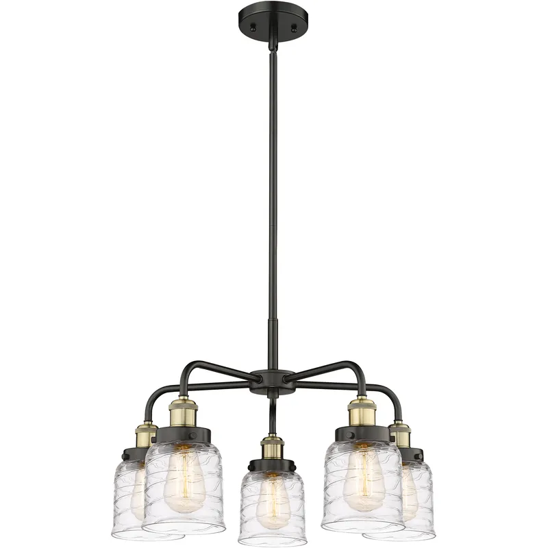 Bell 5 Light 23 inch Black Antique Brass Chandelier Ceiling Light in Clear Deco Swirl Glass
