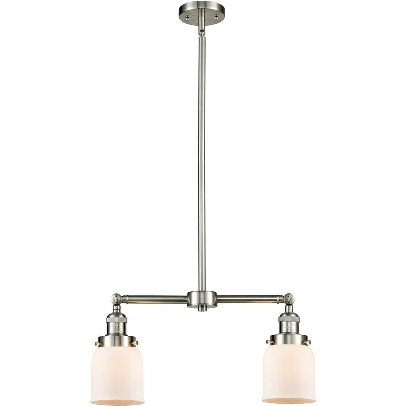 Franklin Restoration Small Bell 2 Light 43 inch Brushed Satin Nickel Island Light Ceiling Light in Matte White Glass, Franklin Restoration