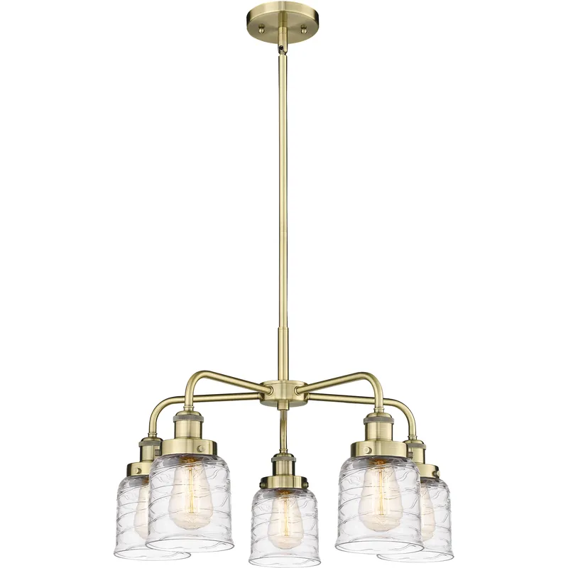 Bell 5 Light 23 inch Antique Brass Chandelier Ceiling Light in Clear Deco Swirl Glass