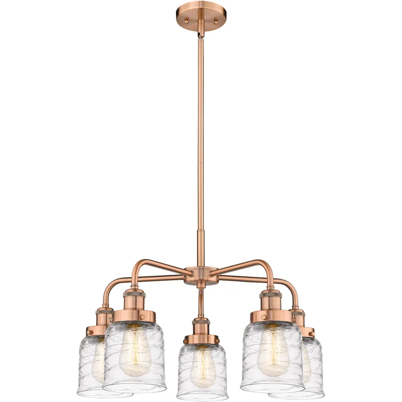 Bell 5 Light 23 inch Antique Copper Chandelier Ceiling Light in Clear Deco Swirl Glass