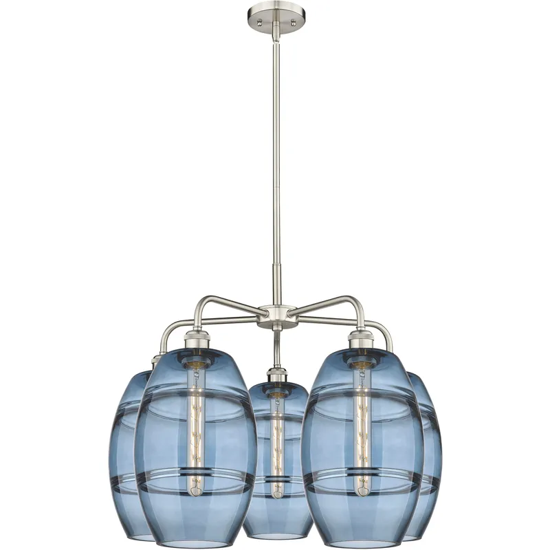 Ballston Vaz 5 Light 26 inch Satin Nickel Stem Hung Chandelier Ceiling Light in Princess Blue Glass