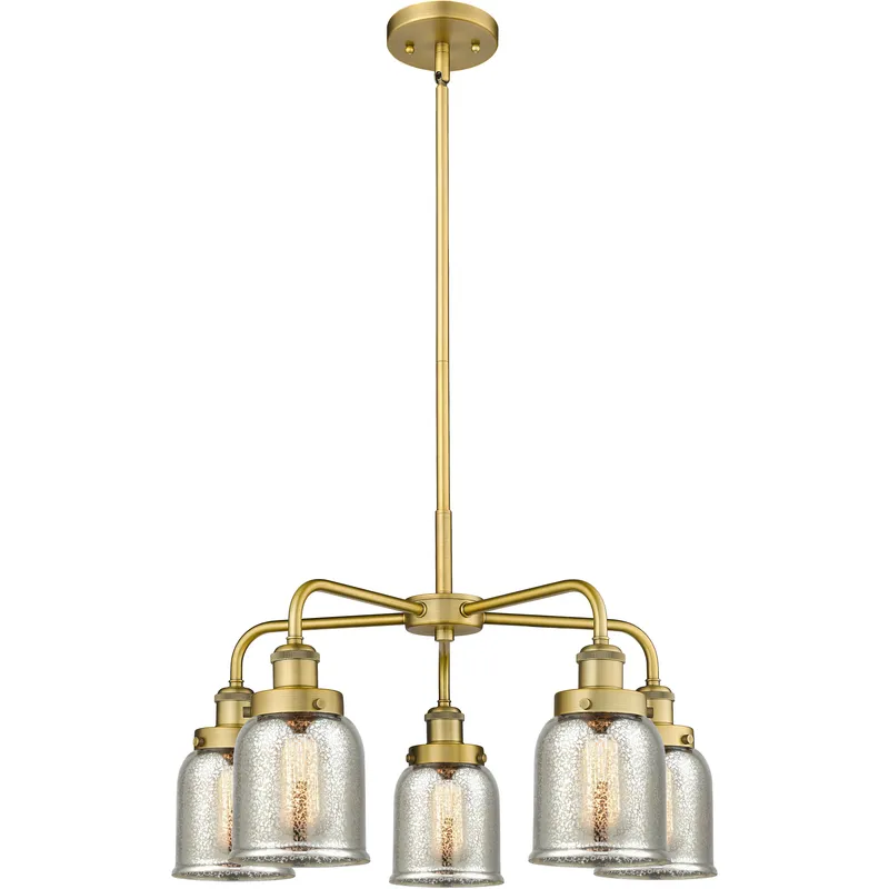 Bell 5 Light 23 inch Brushed Brass Chandelier Ceiling Light in Silver Plated Mercury Glass