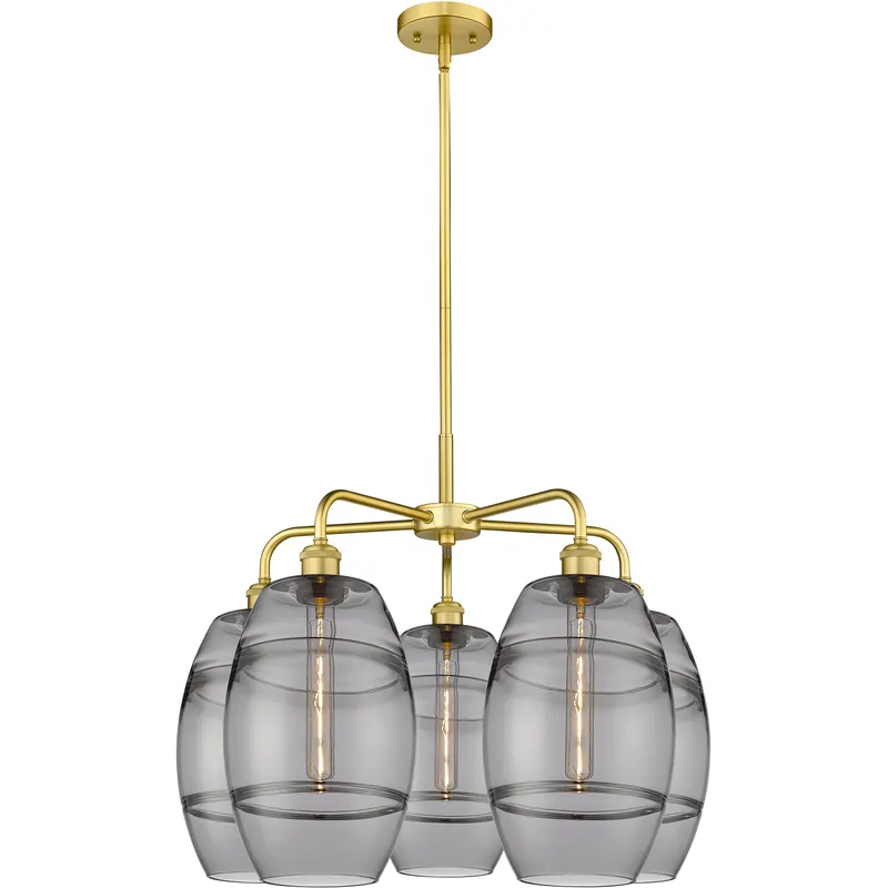 Ballston Vaz 5 Light 26 inch Satin Gold Stem Hung Chandelier Ceiling Light in Light Smoke Glass