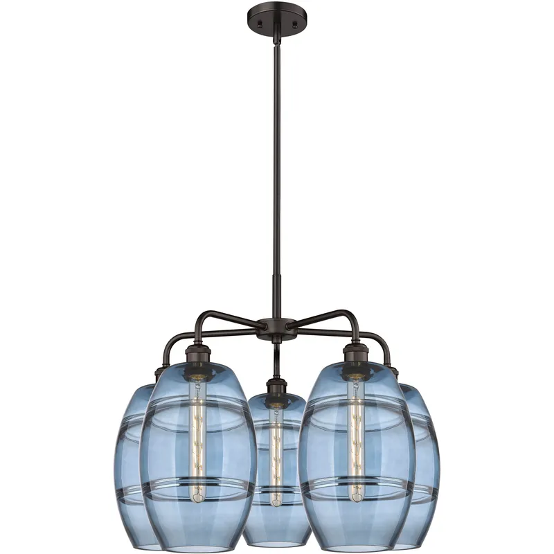 Ballston Vaz 5 Light 26 inch Oil Rubbed Bronze Stem Hung Chandelier Ceiling Light in Princess Blue Glass