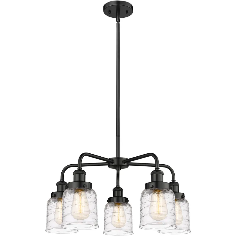 Bell 5 Light 23 inch Matte Black Chandelier Ceiling Light in Clear Deco Swirl Glass