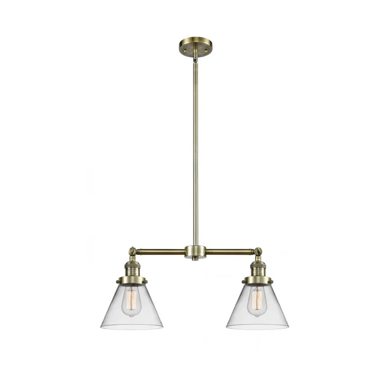 Franklin Restoration Large Cone 2 Light 21 inch Antique Brass Chandelier Ceiling Light in Clear Glass, Franklin Restoration