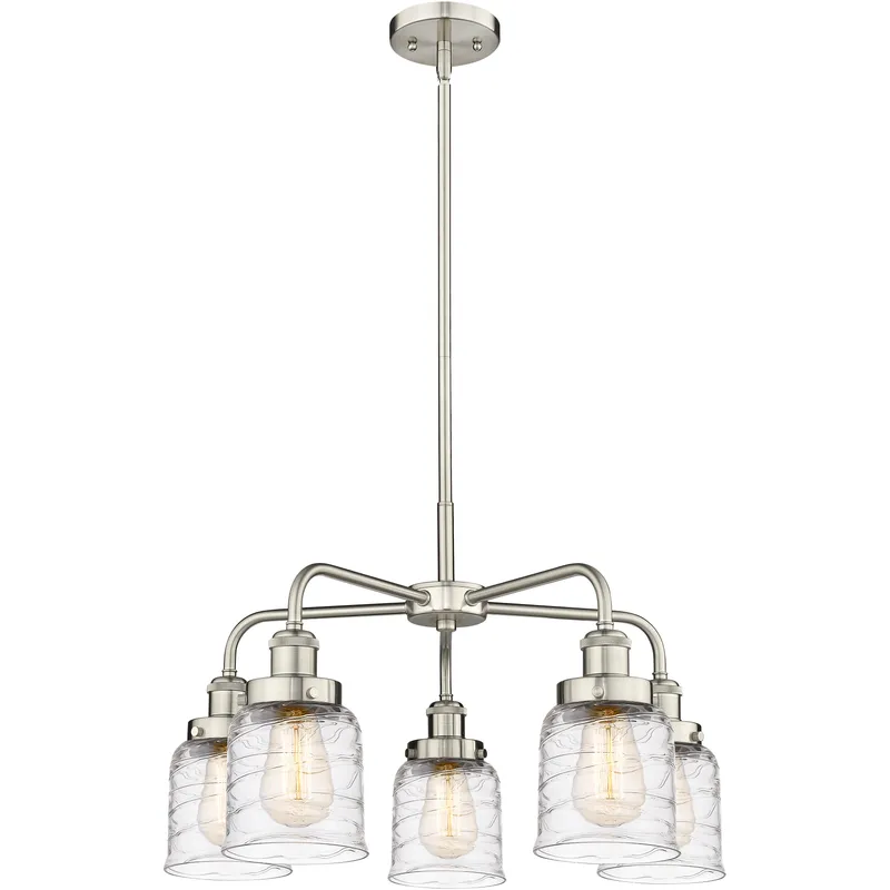 Bell 5 Light 23 inch Satin Nickel Chandelier Ceiling Light in Clear Deco Swirl Glass